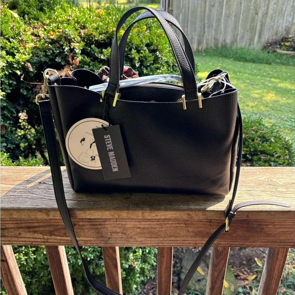 Steve Madden Black Satchel/Crossbody/Shoulder Bag with Floral Accent NWT - Picture 2 of 8